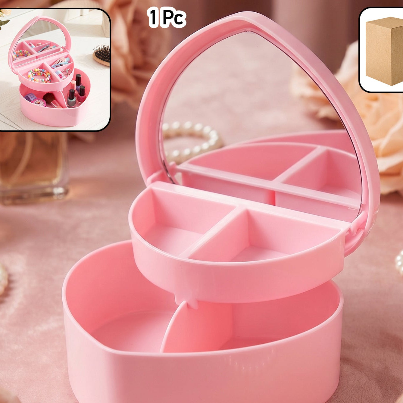 Portable Makeup Organizer Box with Mirror and Tray - 1 Pc - Great Price - Image 1