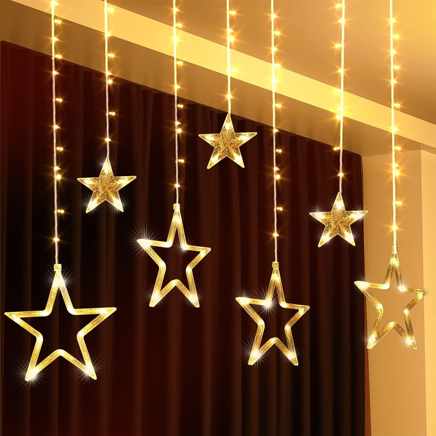 12 Star LED Curtain Lights - Warm White, 8 Modes for Festivals & Home Decor - Happy Price - Image 4
