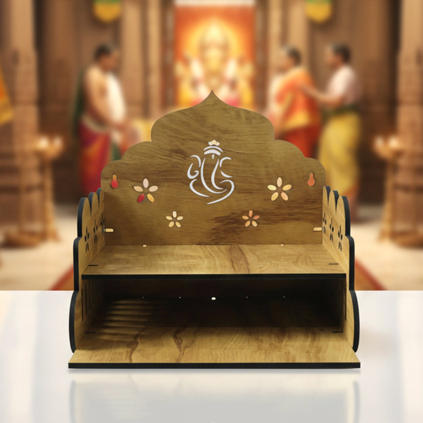 1 Pc Wooden Pooja Mandir Stand for Home & Office - Tabletop Temple with Ganesha Back Panel - Happy Price - Image 5