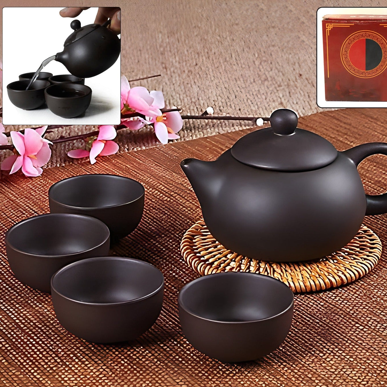 Black Clay Ceramic Tea Set with Teapot and 4 Cups - 5 Piece Oriental Brew Set - Happy Price - Image 1