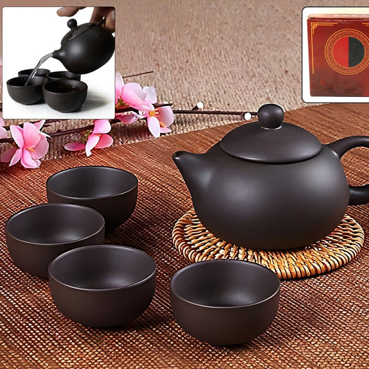 Black Clay Ceramic Tea Set with Teapot and 4 Cups - 5 Piece Oriental Brew Set - Happy Price - Image 1