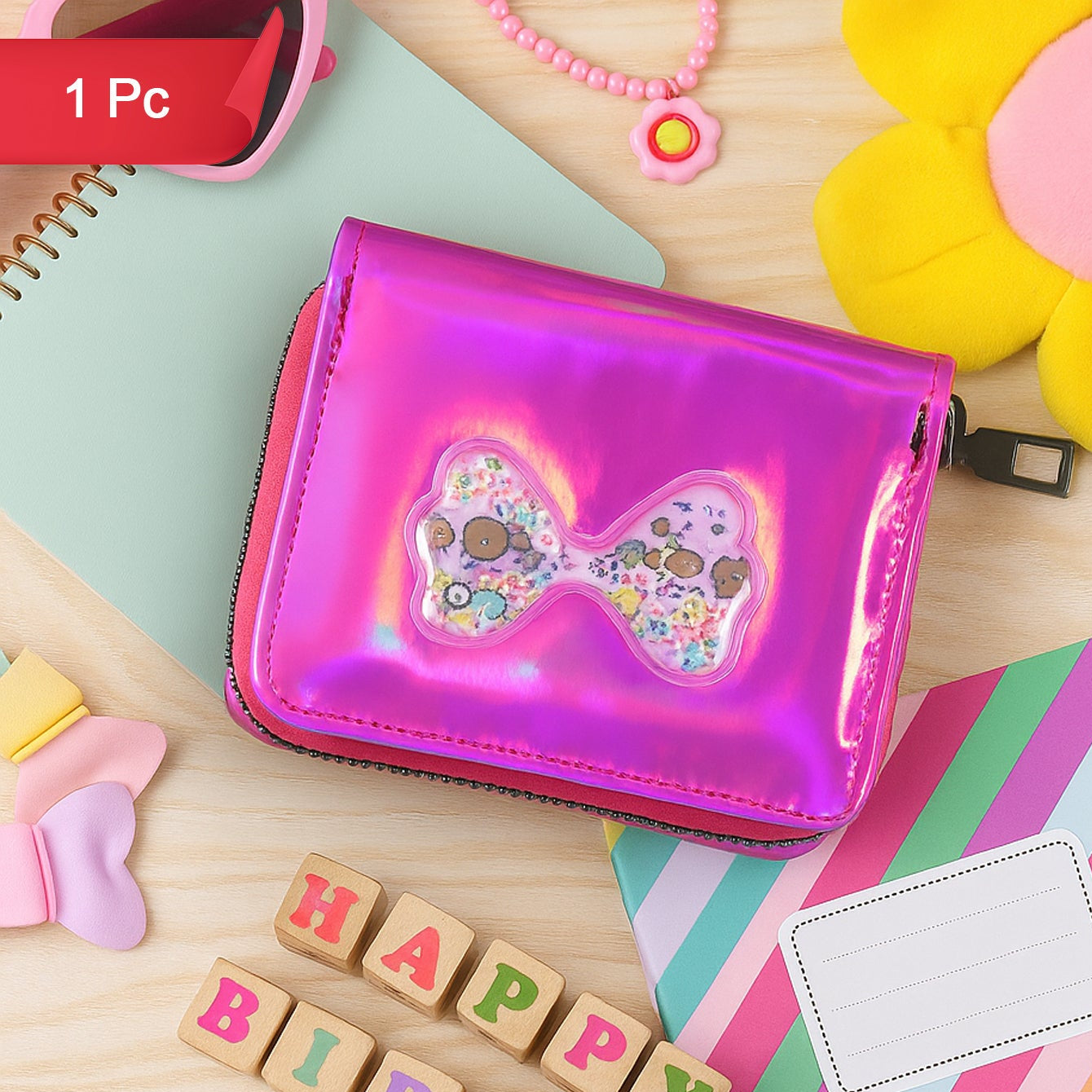 Vibrant Kids Wallet (1 Pc) - Stylish Zip Pouch with Glitter Bow - Happy Price - Image 1