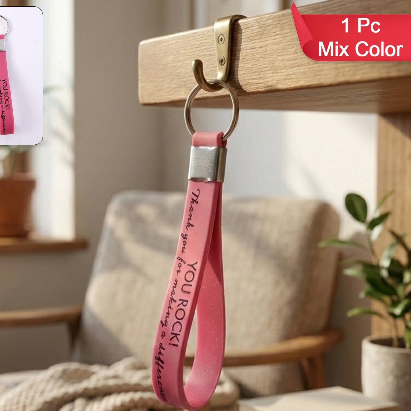 Motivational Silicone Wrist Strap Keychain with Metal Ring - 1 Pc Mix Color - Happy Price - Image 1