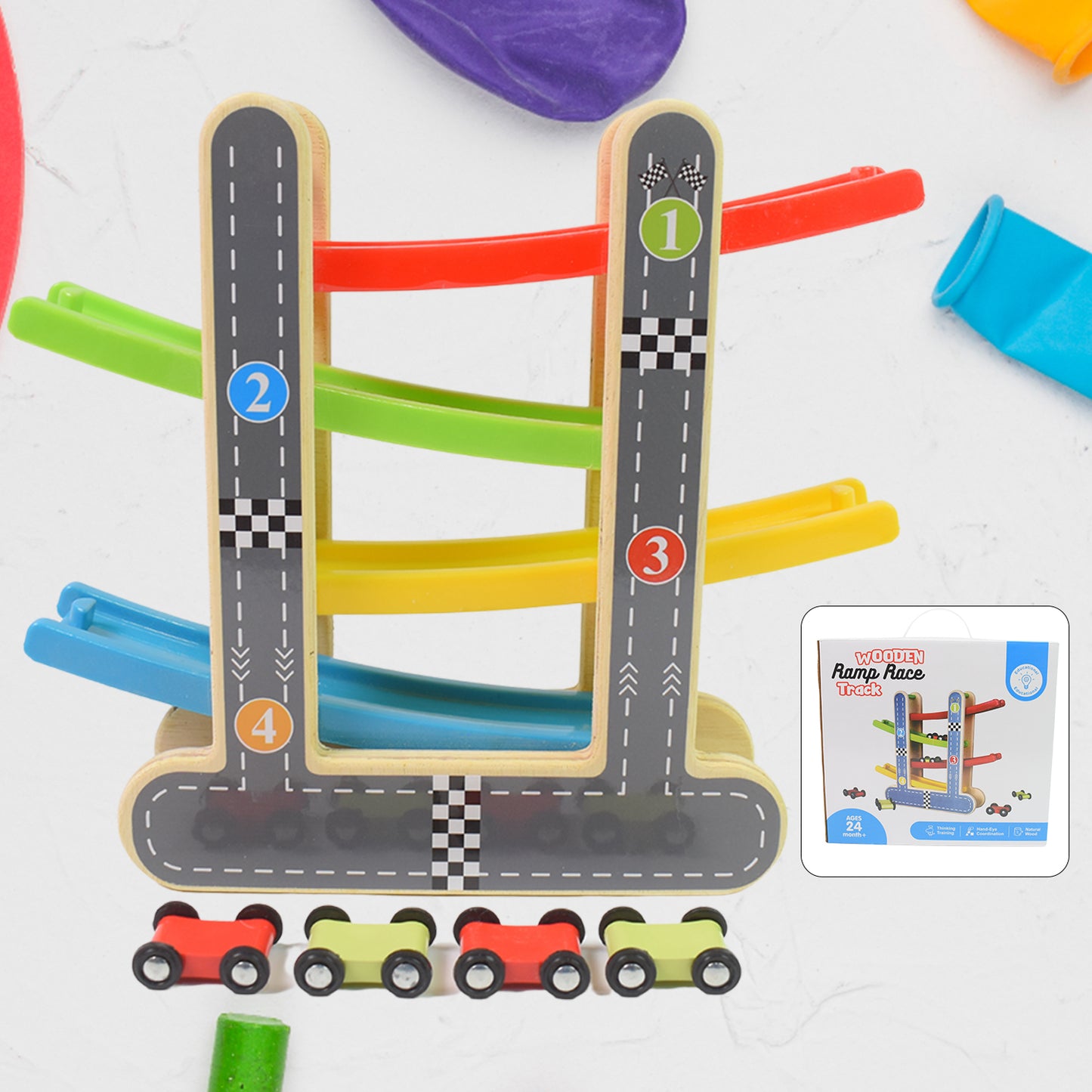 Car Racer Track Play Set Wooden Click Clack Toys With 4 Mini Racers (1 Set) - Happy Price - Image 2