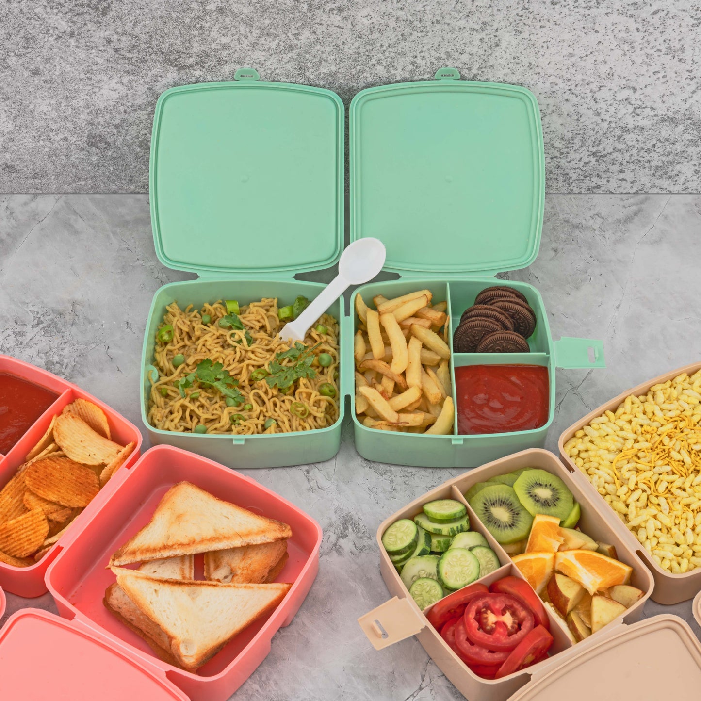 Double-layer Square Lunch Box With  Spoon  4 Compartment Tiffin  Push Lock  Plastic Tiffin Box For Travelling School Kids  Office Exclusive Home - Happy Price - Image 2