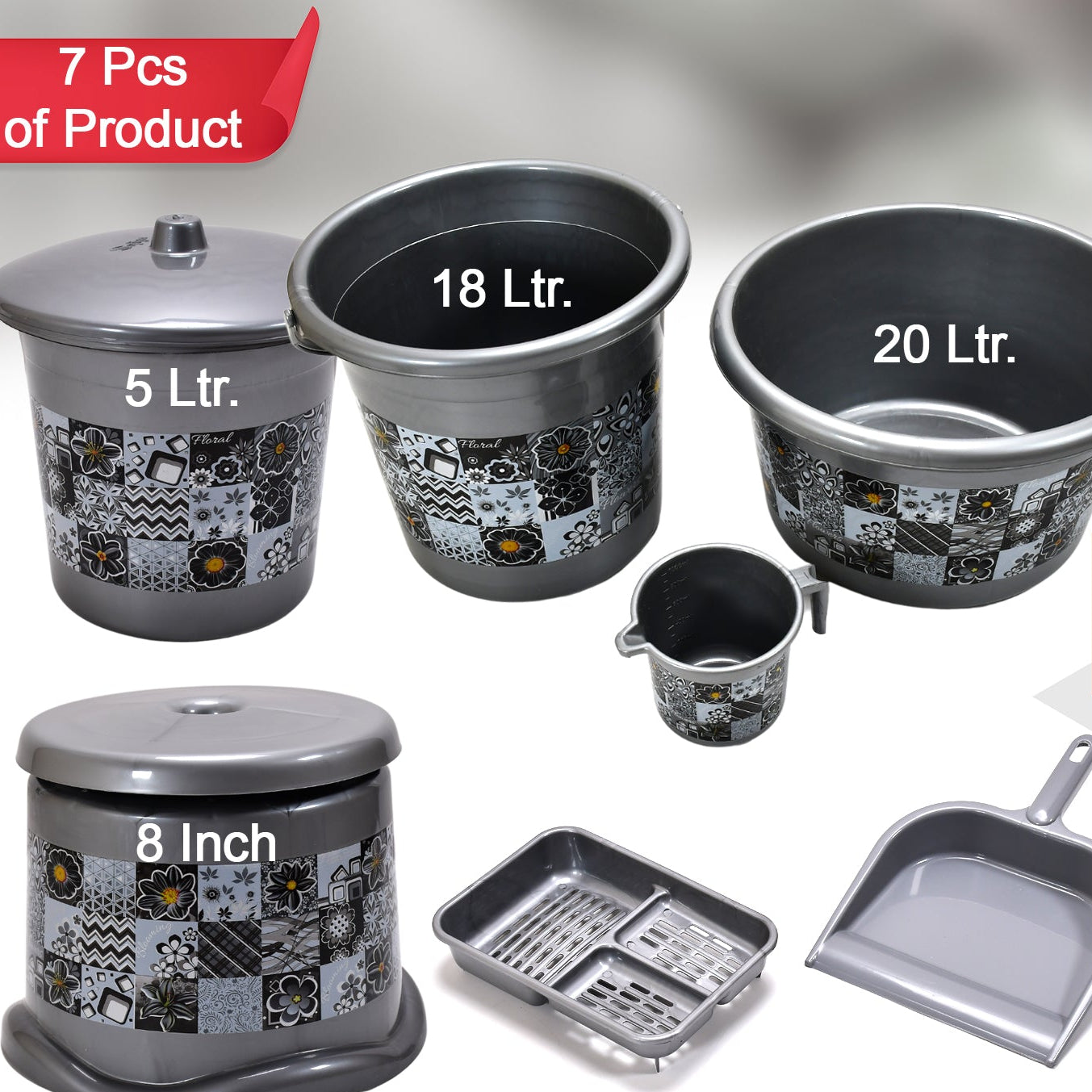 Large Capacity Plastic Bathroom Set Of 7pieces (1pc Big Tub 1pc Bucket1pc Dustbin 1pc Mug 1pc Soap Case 1pc Dustpan 1pc Stool) - Happy Price - Image 1
