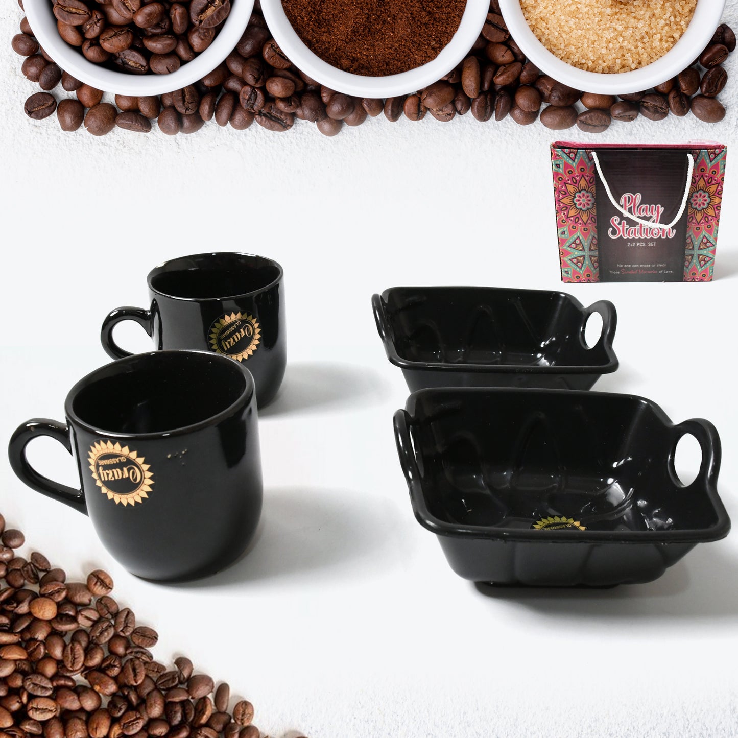 Play Station Ceramic Tea  Cups  Mug Set With Handle Serving Bowl Milk Cup Coffee Cup Tea Cup Breakfast Cup Drinking Mug Or Outdoor For Household Gift For Birthday Wedding Party (4 Pcs Set) - Happy Price - Image 2