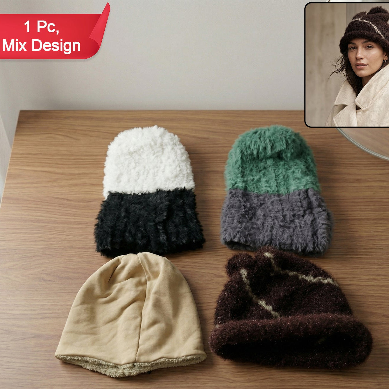Winter Warm Woolen Beanie Cap For Men  Women (1 Pc Mix Desin)