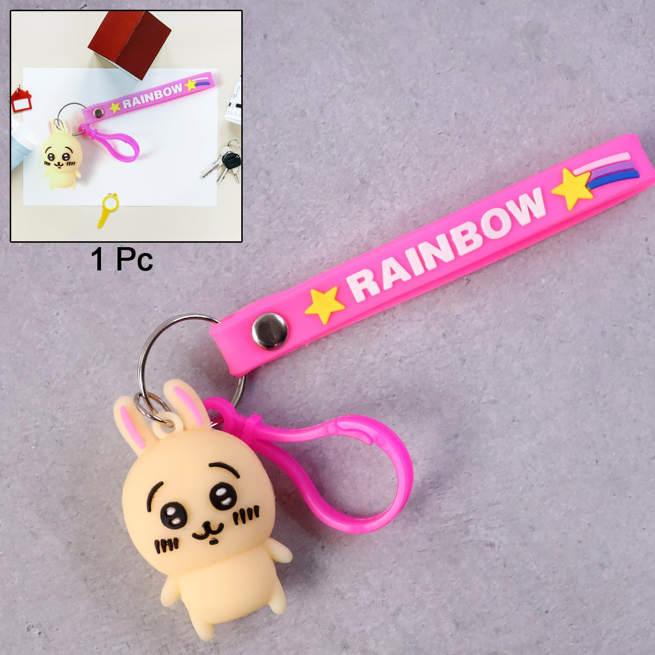 Cute Bunny Character Keychain with Rainbow Strap - 1 Pc - Happy Price - Image 1