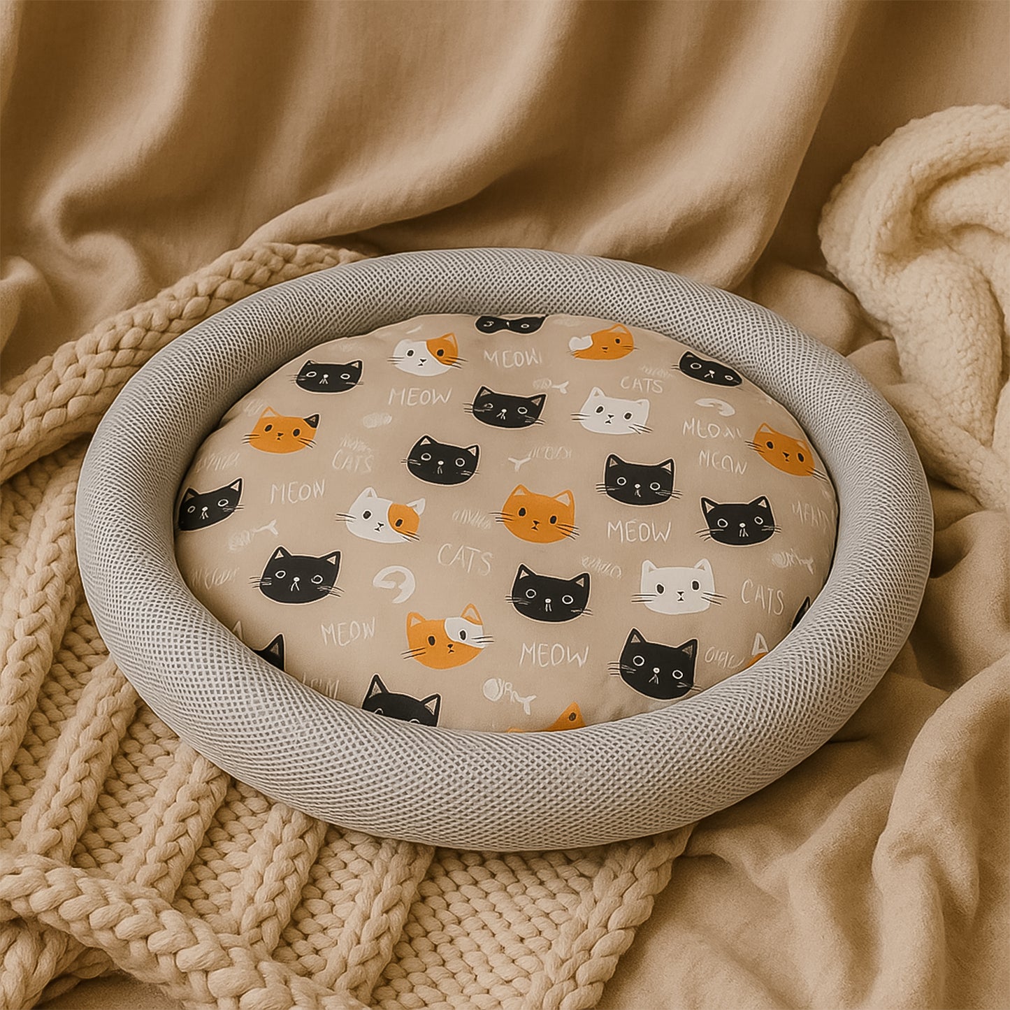 Round Soft Plush Cat Bed With Cartoon Cat Print Cushion  1 Pc - Happy Price - Image 4