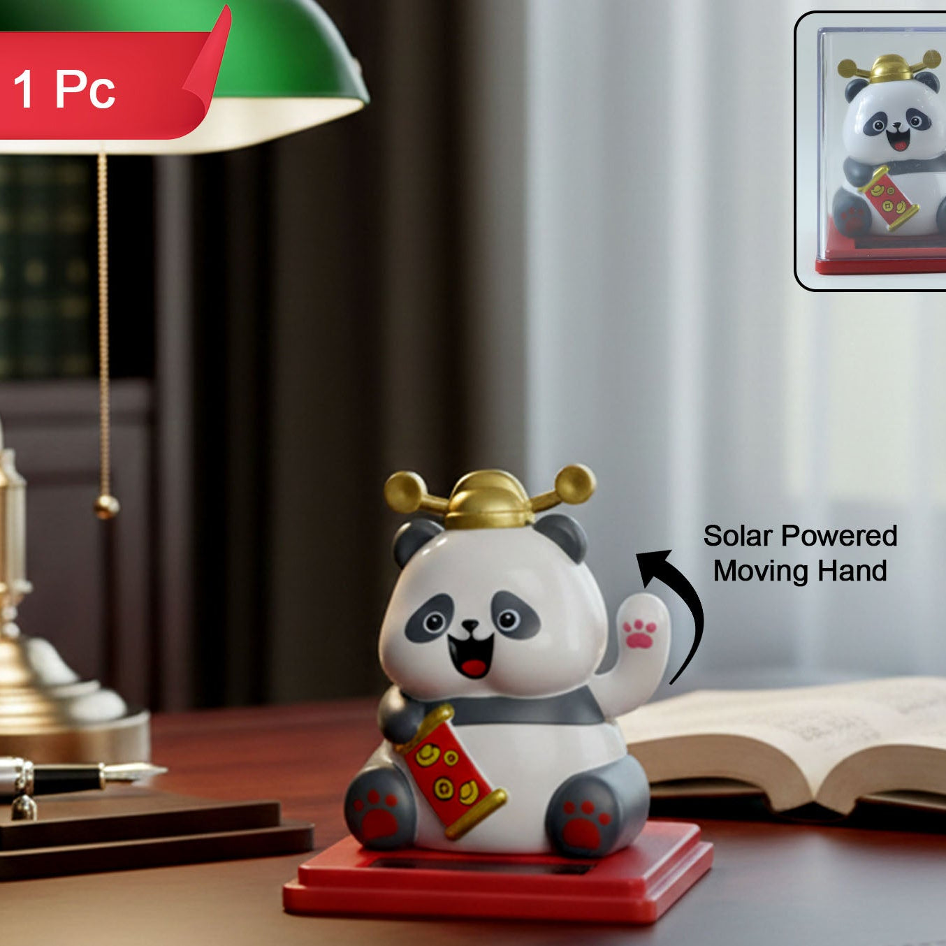 Solar Powered Waving Panda Showpiece with Display Case (1 Pc) - Happy Price - Image 1