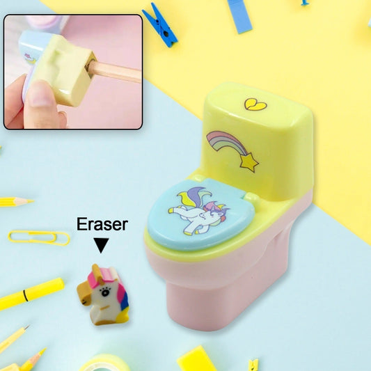 Toilet Pencil Sharpener Plastic Pencil Sharpener Novelty Pencil Sharpener Cute Cartoon Stationery Gift Small Toilet Shaped Sharpener With Eraser Wheel For School Kids (2 Pc Set) - Happy Price - Image 1