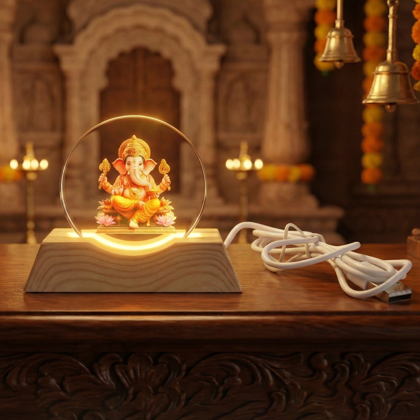 Lord Ganesha 3D Acrylic LED Night Lamp with Wooden Base - 1 Pc - Happy Price - Image 3
