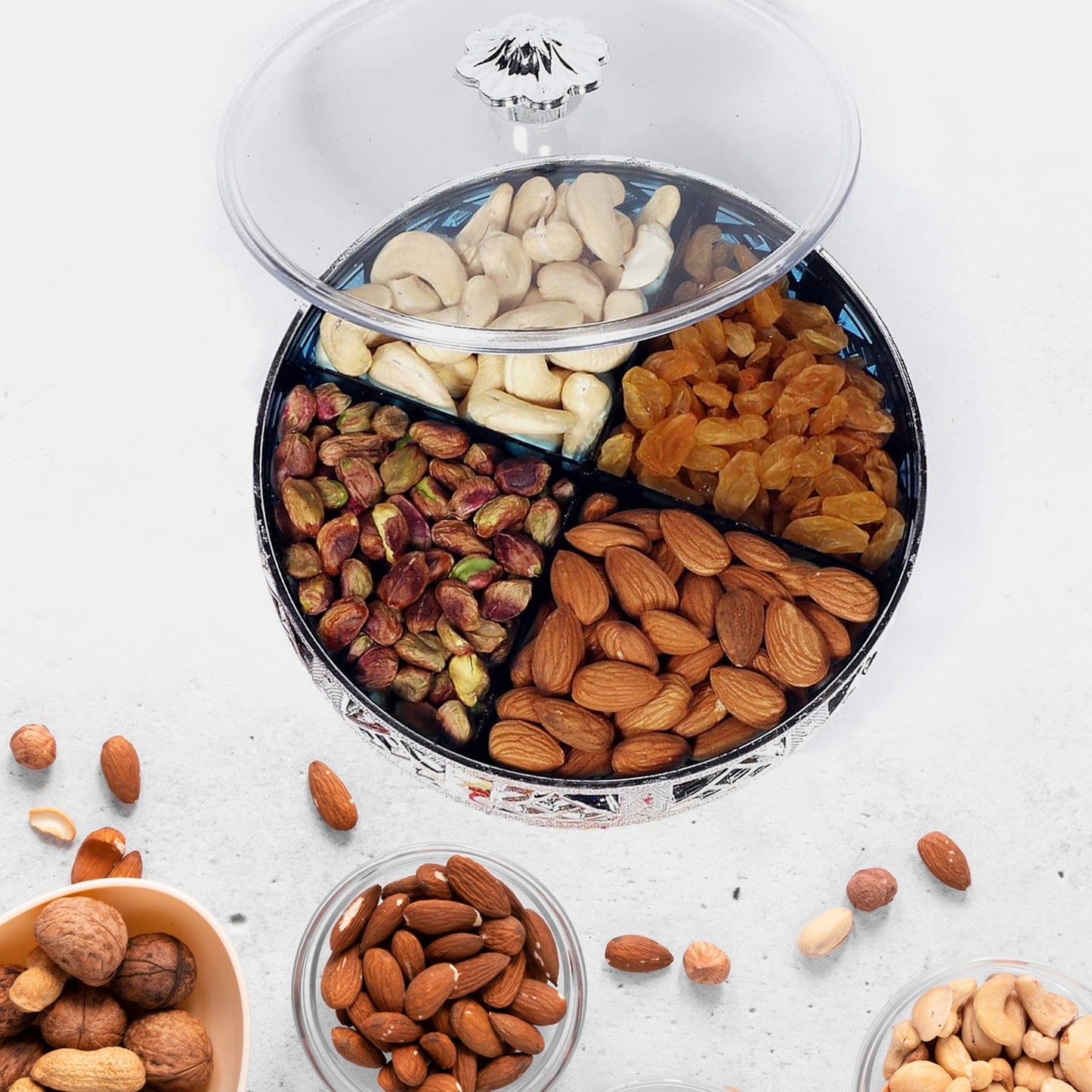 Multipurpose Dry Fruit Box 4 Section Dry Fruit Round Silver Gift Box (1 Pc) - Happy Price - Image 4