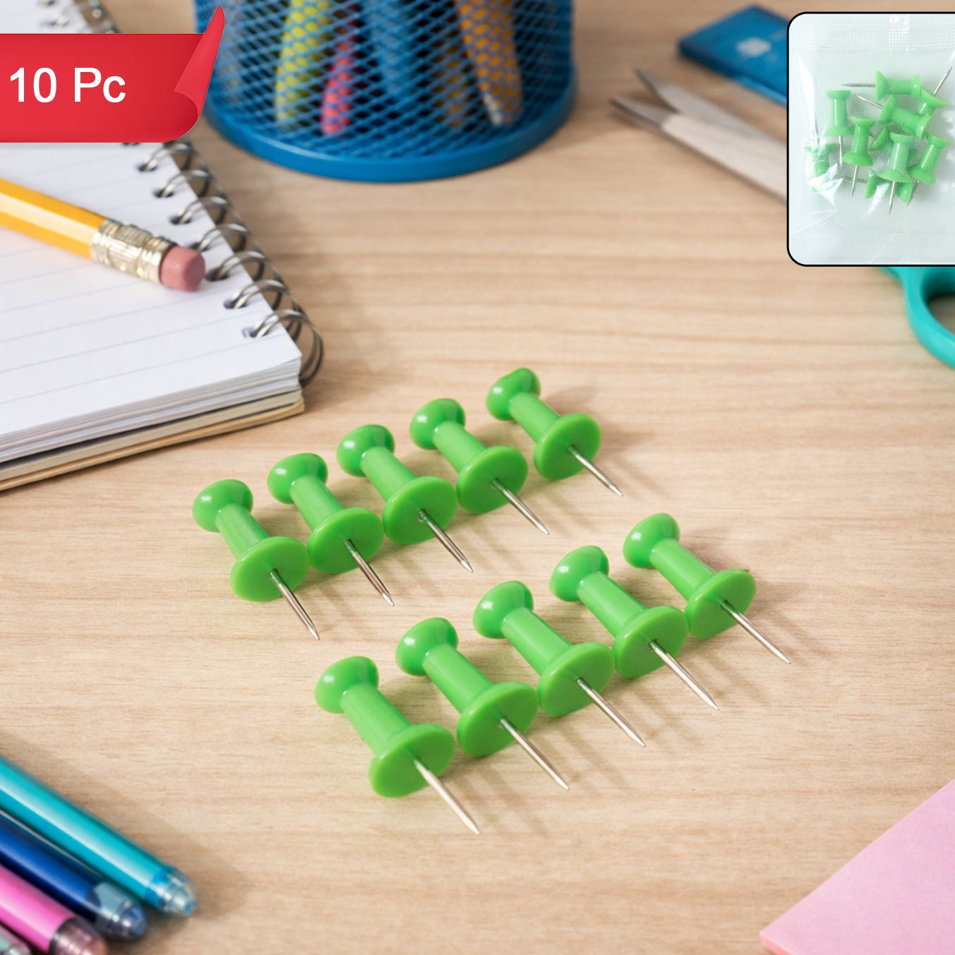 Green Plastic Head Push Pins for Notice Boards - Pack of 10 Pc - Happy Price - Image 1