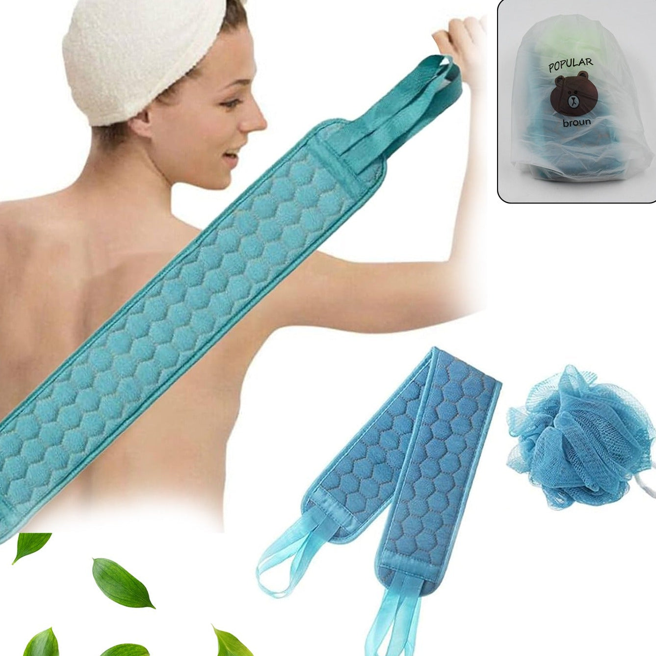 Bath Shower Set Scrubber Loofah Sponge Pouf Bath Brush Extra Long Dual Sided Scrubber Long Lasting Deep Clean Super Soft Body Scrubber For Men Woman (2 Pcs Set) - Happy Price - Image 1