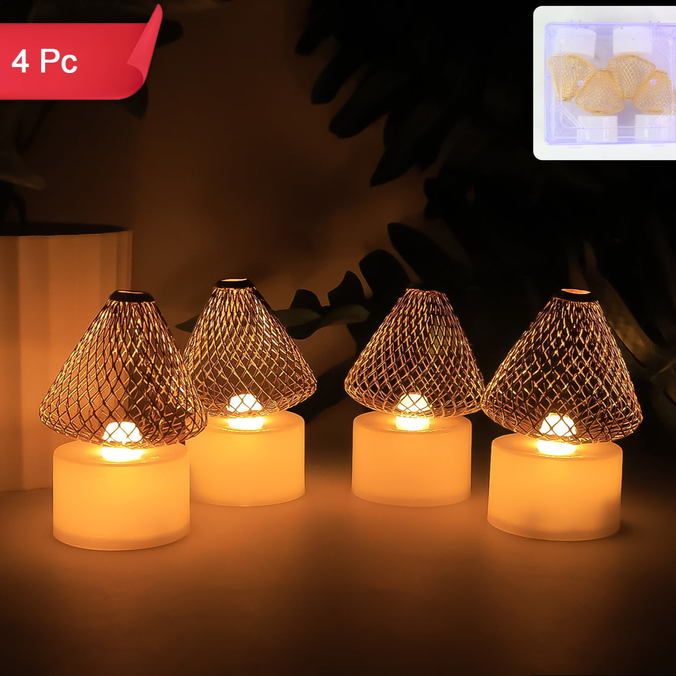 Set of 4 LED Flameless Candles with Mesh Shade - Warm White Flickering Lights - Happy Price - Image 1