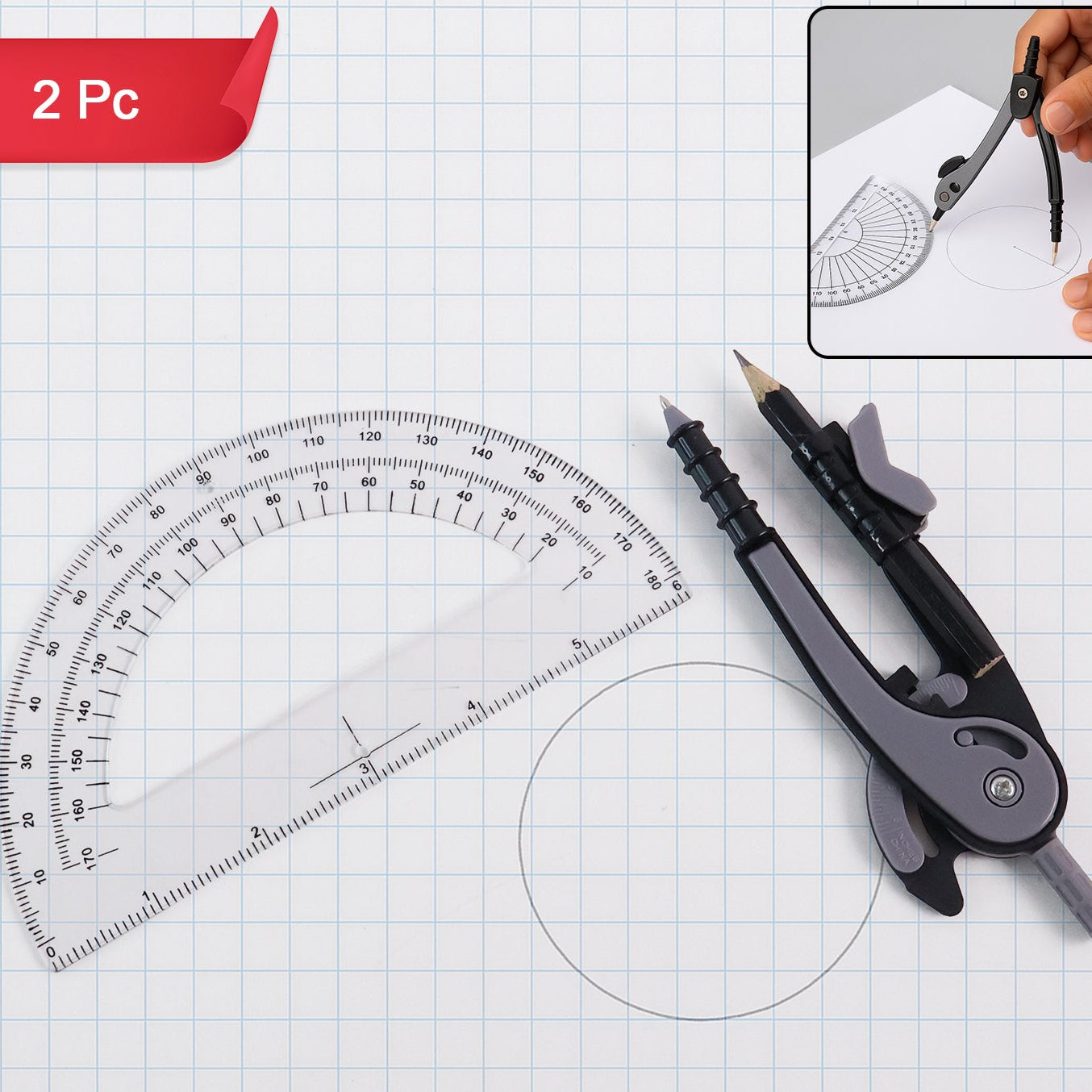 2-piece Geometry Protractor Set With Lock And Transparent Protractor - Happy Price - Image 1