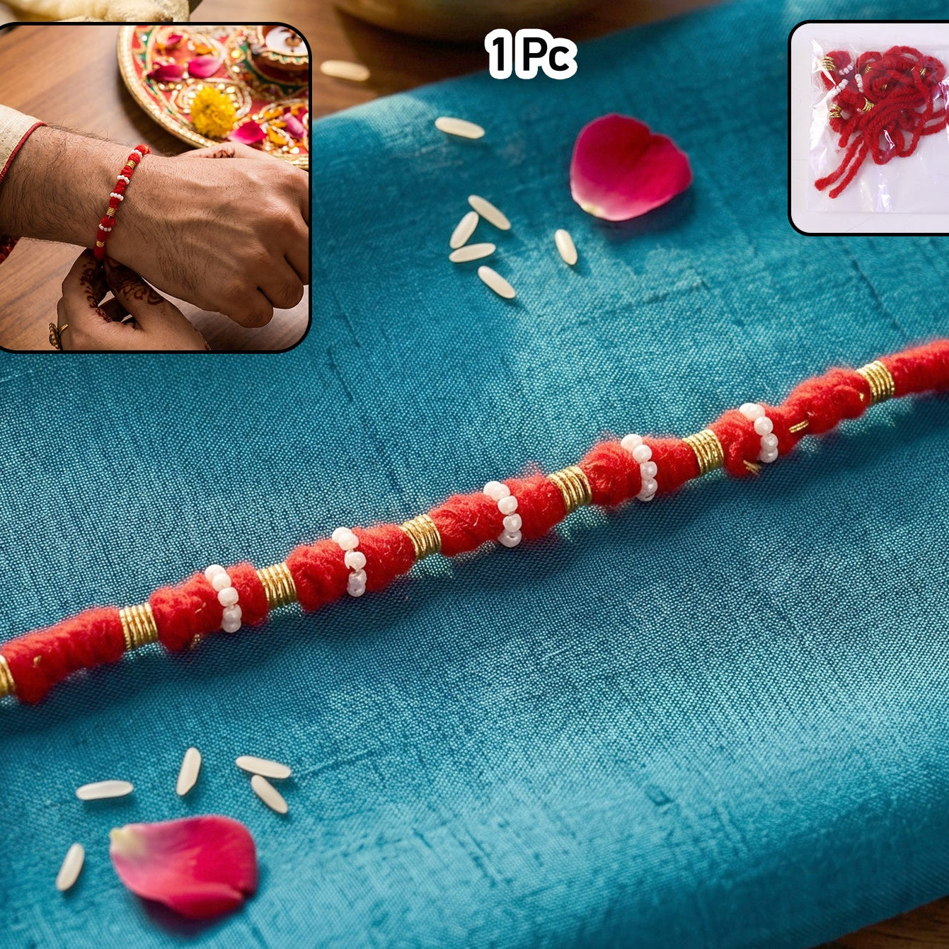 Handmade Rakhi Bracelet with White Beads and Golden Accents (1 Pc) - Happy Price - Image 1