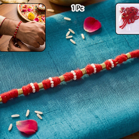 Handmade Rakhi Bracelet with White Beads and Golden Accents (1 Pc) - Happy Price - Image 1