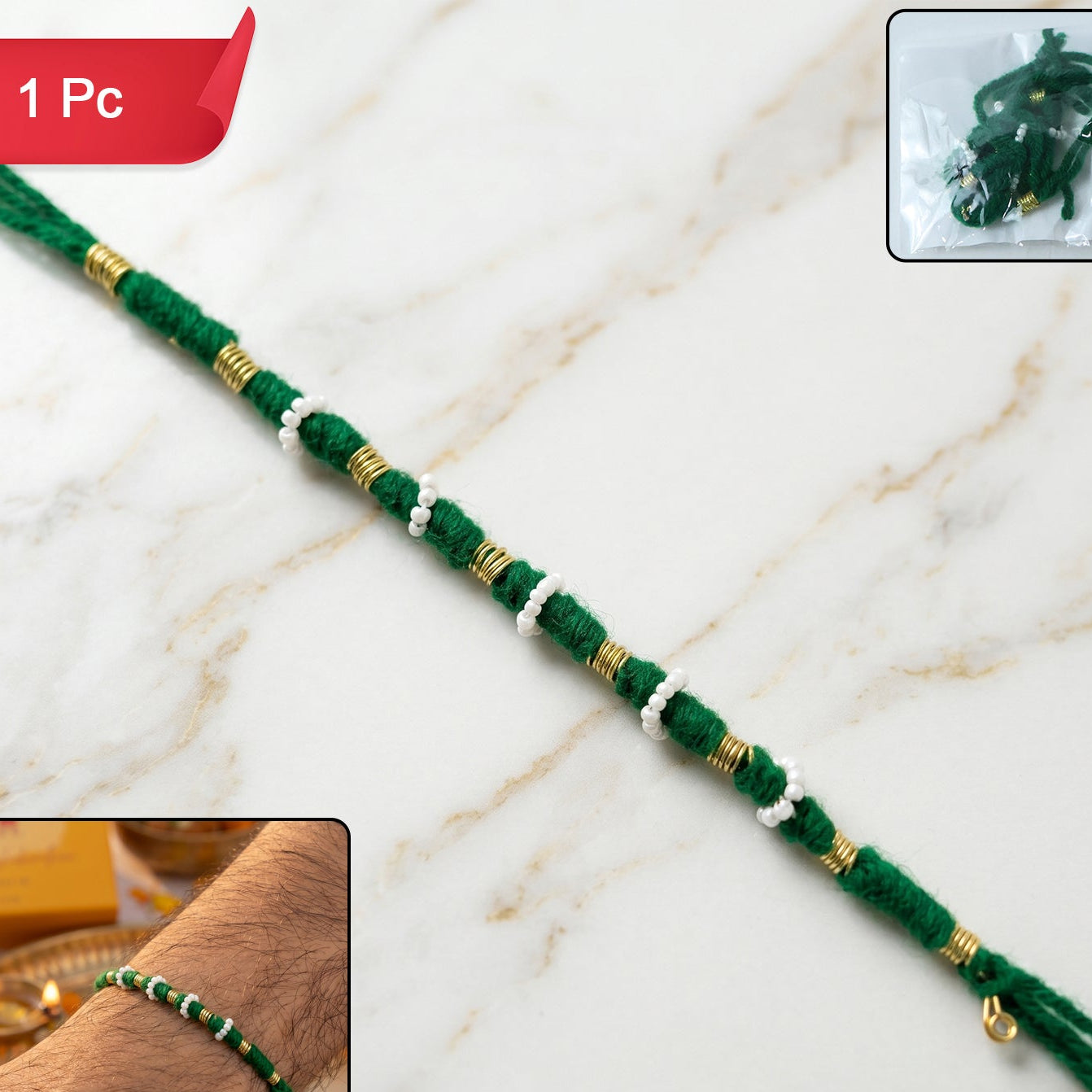 Traditional Green Pearl Rakhi - 1 Pc Mix Color - Happy Price - Image 1
