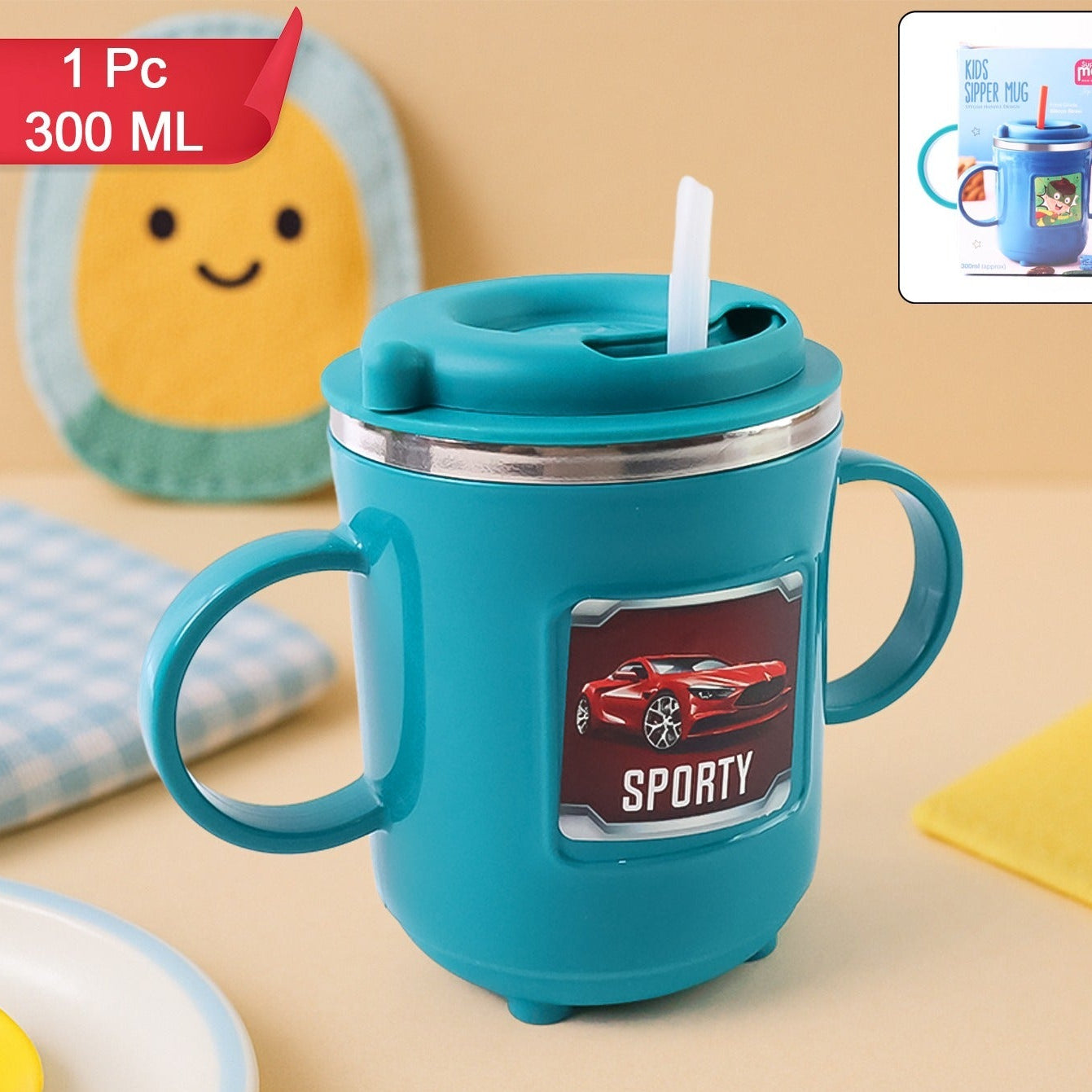 Kids Sporty Sipper Mug with Straw & Dual Handles, 300ml (1 Pc) - Happy Price - Image 1