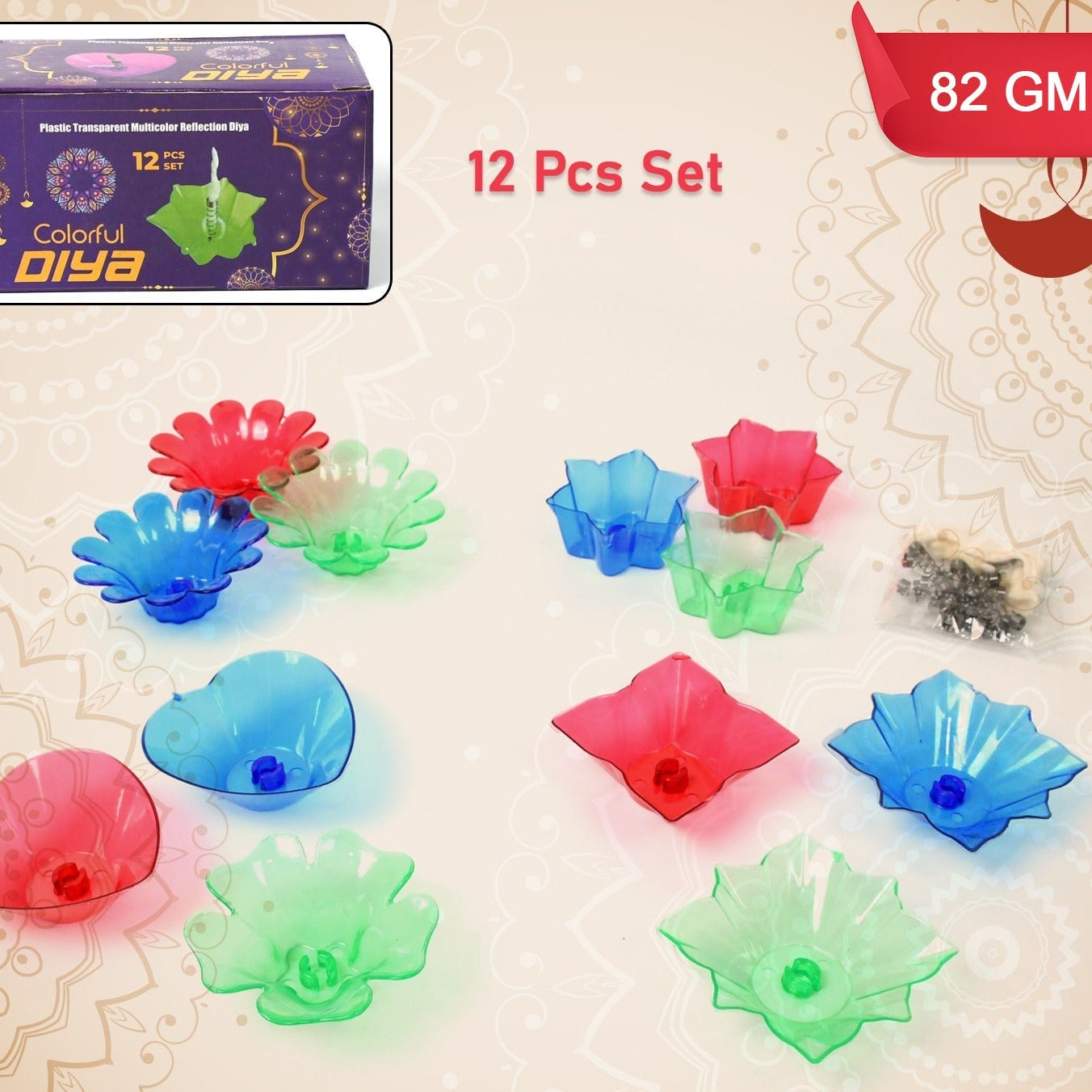 Colourful Reflection Diya Set - 12 Pcs Plastic Candle Holders - Happy Price - Image 1