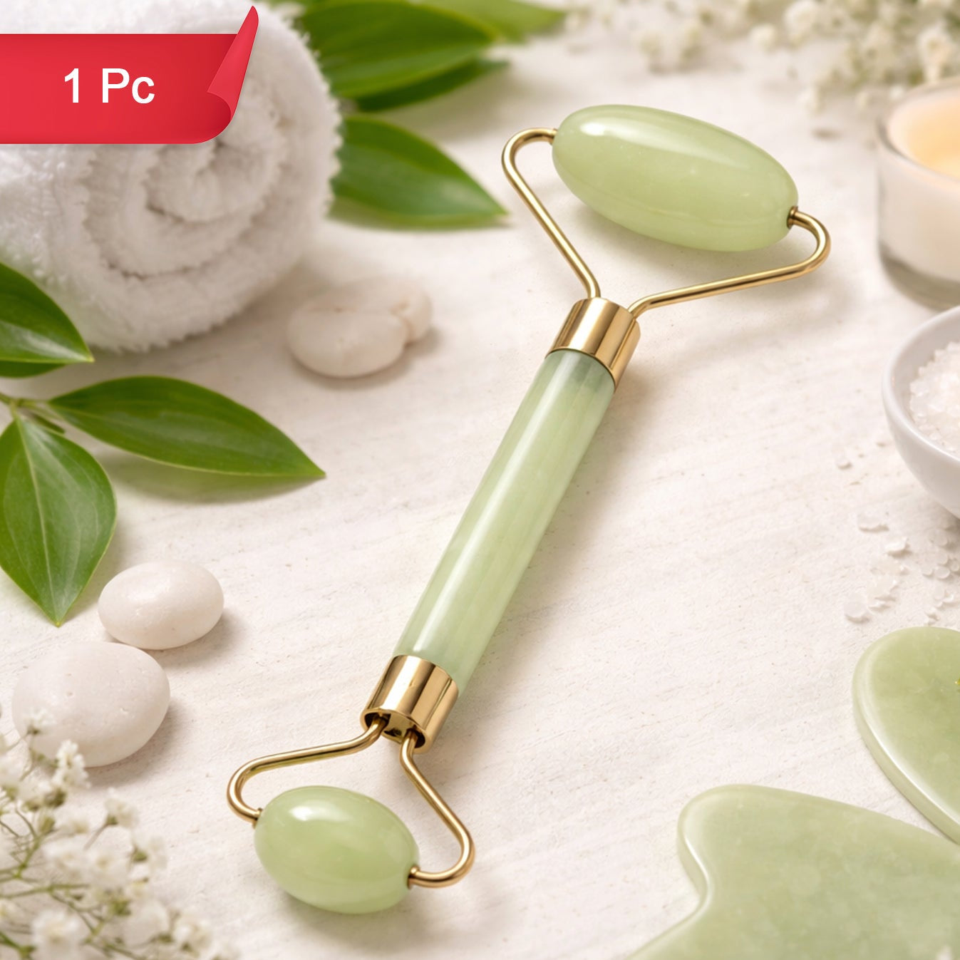 Dual Head Jade Stone Face Roller & Gua Sha Set - Natural Skin Massager (1 Pc) - Happy Price - Image 1