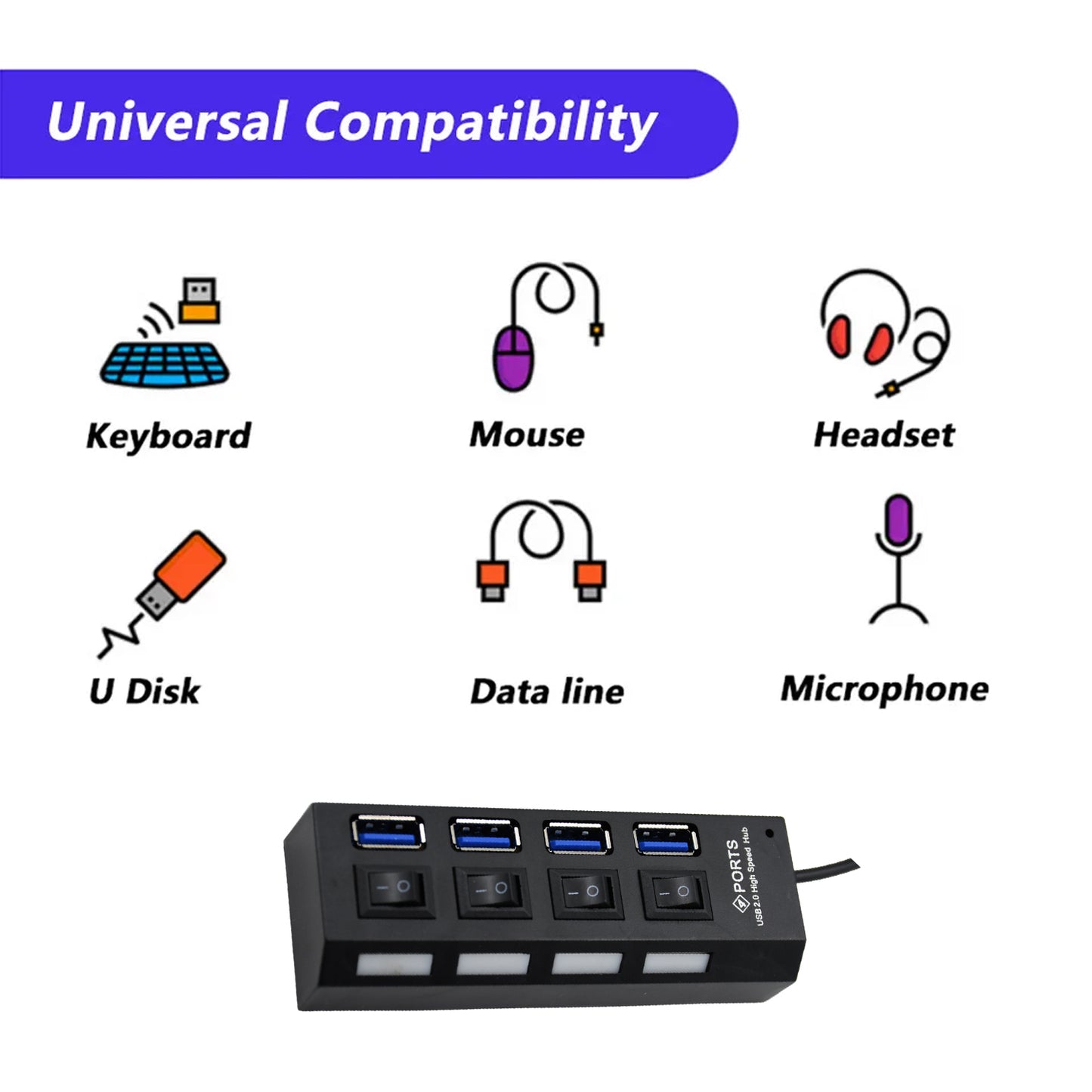 4 Port Usb Hub Usb 2.0 Hub Splitter High Speed With Onoff Switch Multi Led Adapter Compatible With Tablet Laptop Computer Notebook - Happy Price - Image 5