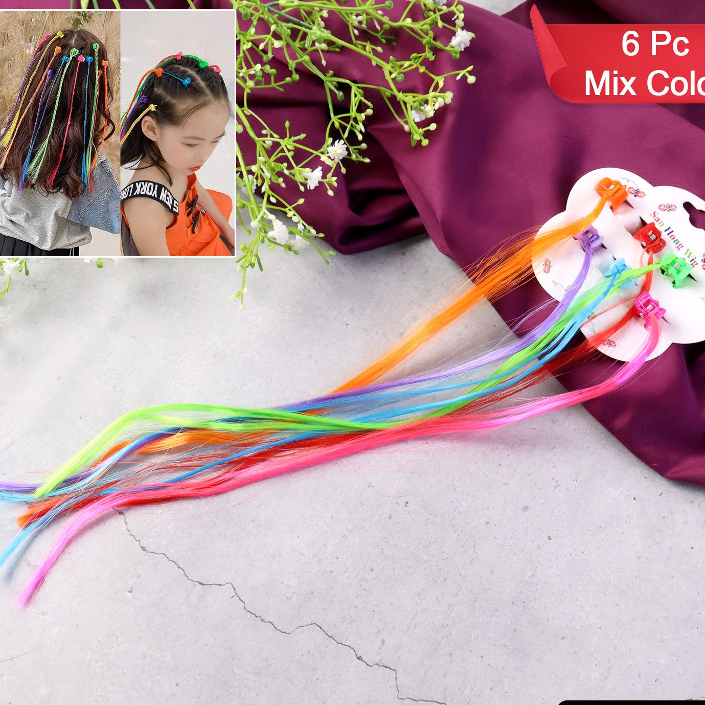 Kids Hair Clip-In Braids - 6 Pc Mix Color Fun Hair Extensions for Girls - Happy Price - Image 1