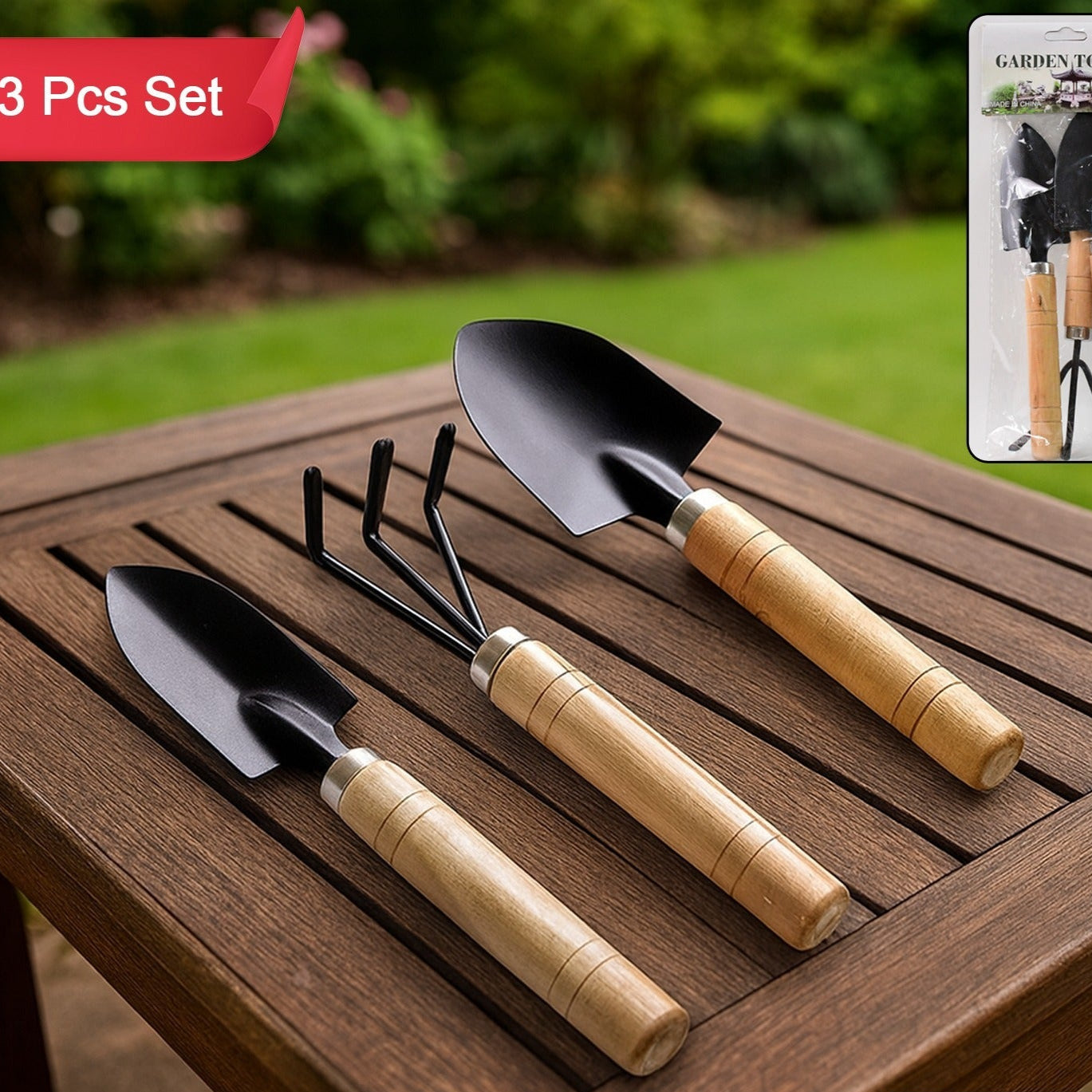 3 Piece Garden Tool Set with Wooden Handles - Trowel, Transplanter, Rake - Happy Price - Image 1