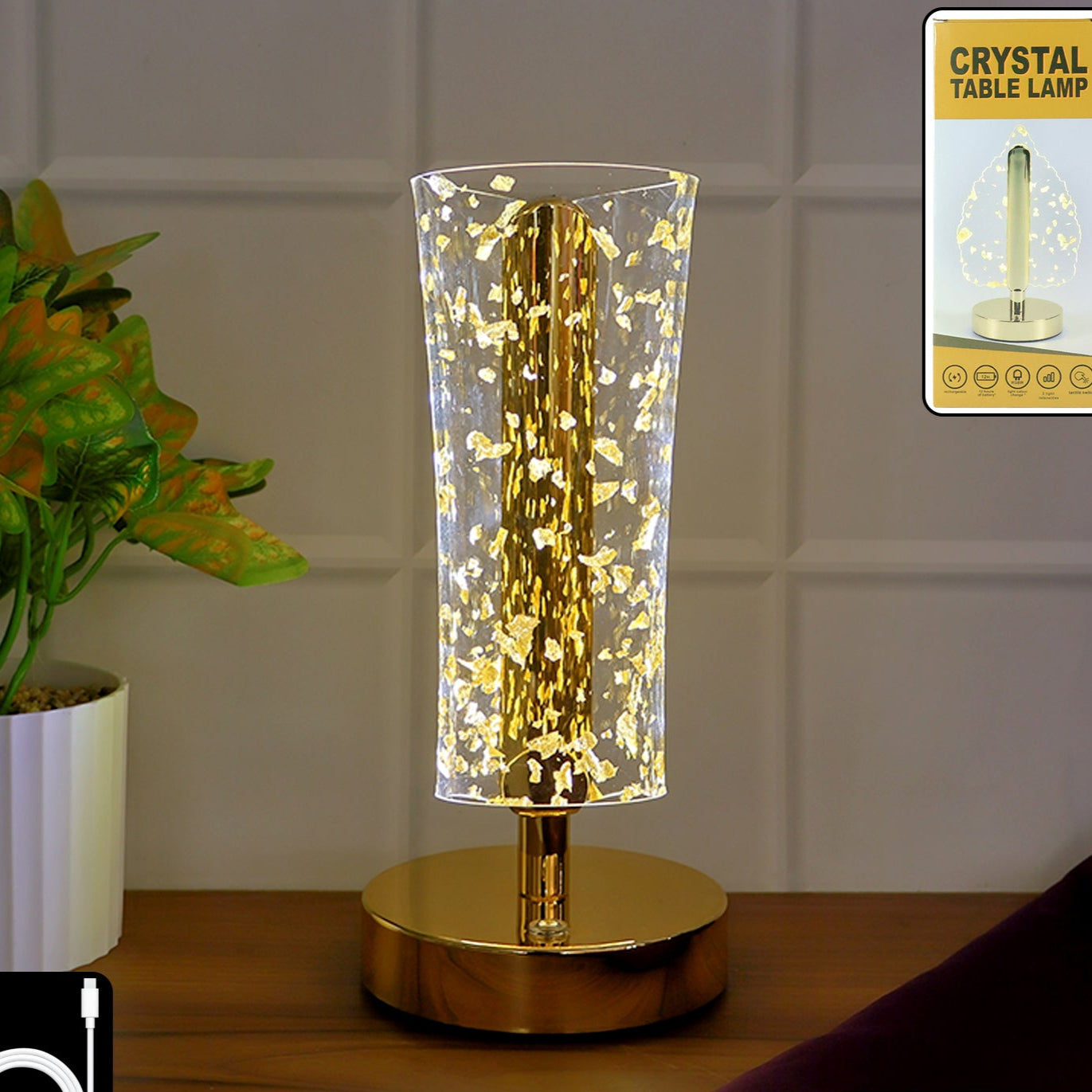 Golden Crystal LED Table Lamp with Flakes, USB Rechargeable, 1 Pc - Happy Price - Image 1