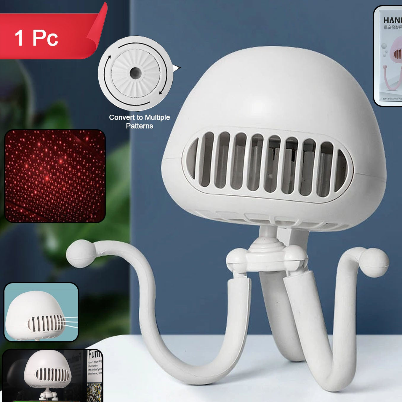 Rechargeable Mini Projector Fan with Star Light, Flexible Tripod - 1 Pc - Happy Price - Image 1