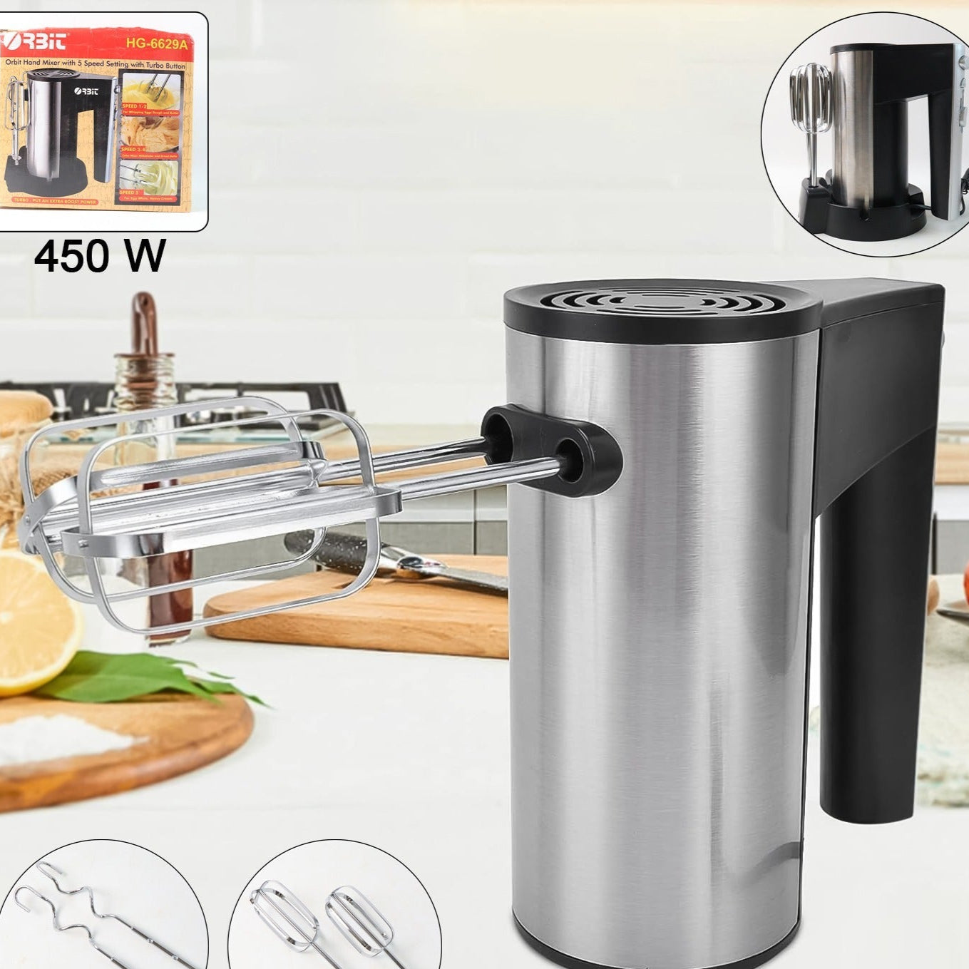 Orbit 450W Electric Hand Mixer with 5 Speeds & Turbo, Stainless Steel Attachments - 1 Pc - Happy Price - Image 1