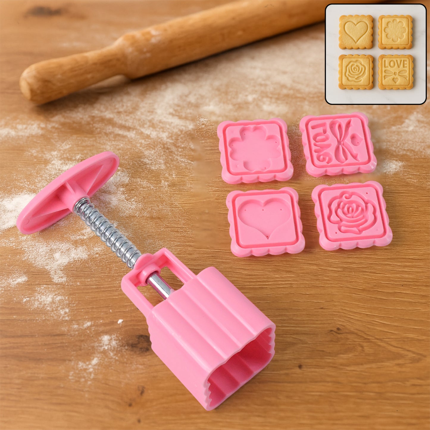 Cookie Biscuit Stamp Mold Set with Press Handle & 4 Decorative Designs - Happy Price - Image 3