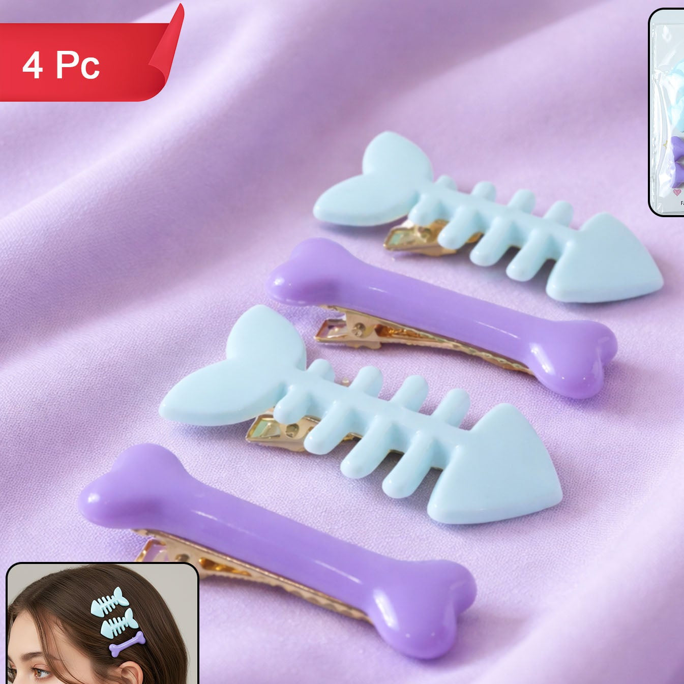 Cute Fishbone & Bone Shape Hair Clip Set (4 Pc) - Happy Price - Image 1