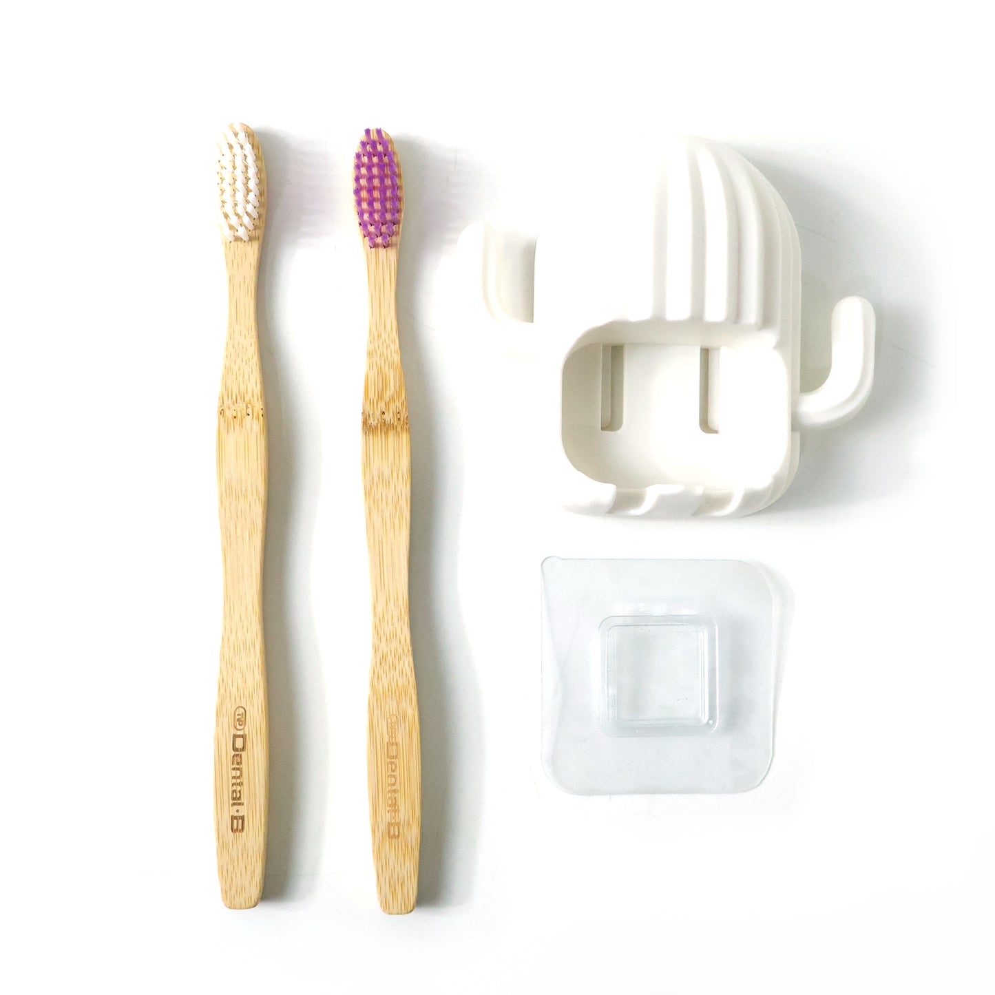 Wall Mounted Toothbrush Holder Set with 2 Bamboo Brushes - Cactus Design - Happy Price - Image 4