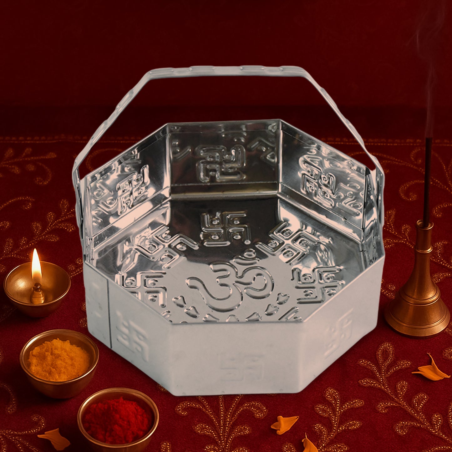 Traditional Stainless Steel Octagon Pooja Basket 1 Pc With Handle - Happy Price - Image 6