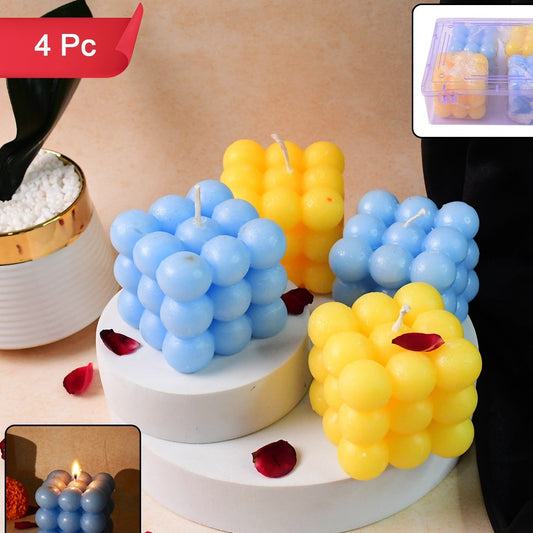 Set of 4 Colorful Cube Wax Candles - Blue & Yellow Decorative Accent - Happy Price - Image 1