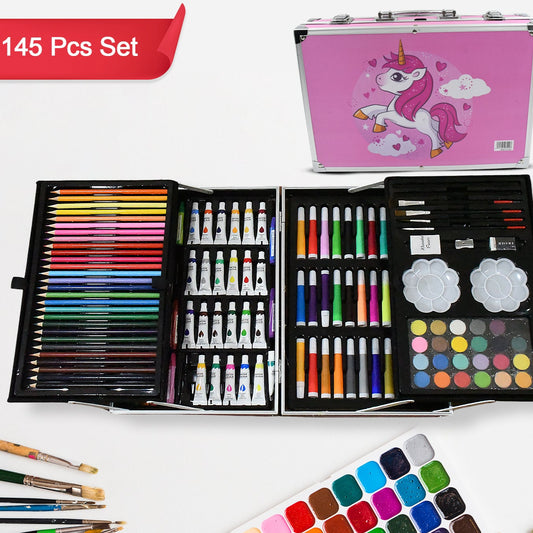 professional Art Set-drawing Painting Sketching Coloring Kids Set All In 1 Art Case Perfect For Kids With Unicorn Design Case Shading Crayons Oil Pastels Color Set Watercolor Cakes Paint Brush Sharpener Eraser (145 Pcs Set) - Happy Price - Image 1