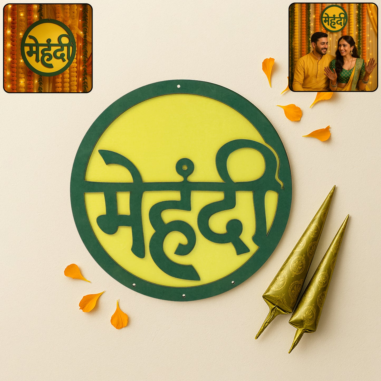 Mehndi Ceremony Round Backdrop Sign - Hindi "Mehndi" Wall Plaque (1 Pc) - Happy Price - Image 2