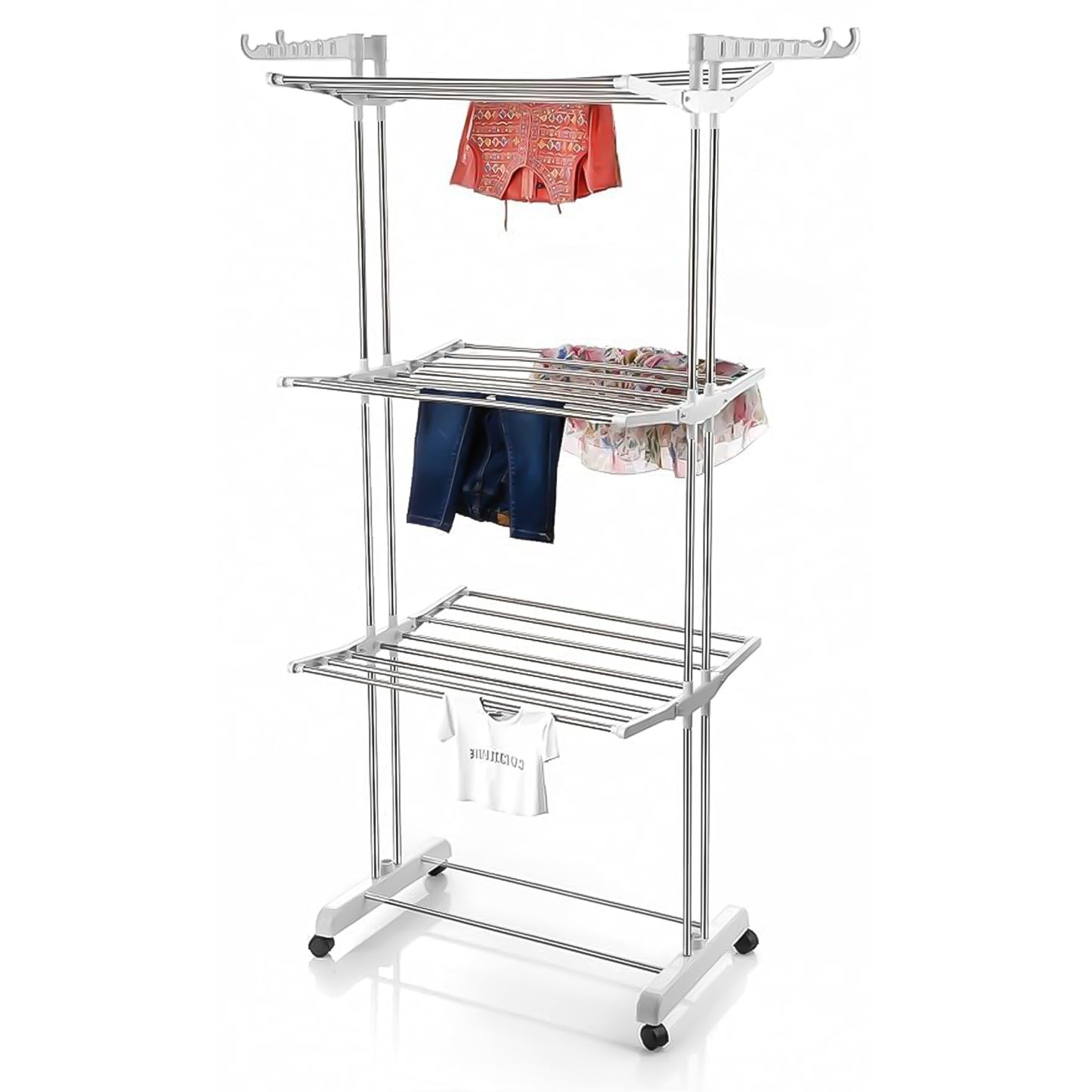 3-tier Foldable Stainless Steel Cloth Drying Stand With Wheels - Happy Price - Image 4