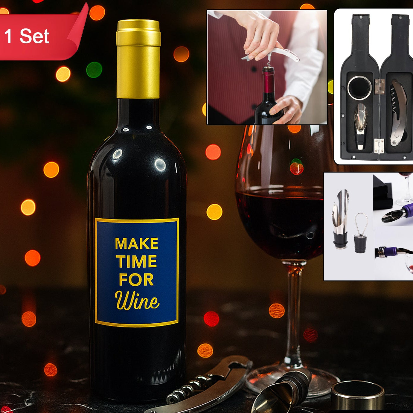 4-in-1 Wine Bar Tool Set in Wine Bottle Case - Stainless Steel Opener, Pourer, Stopper & Drip Ring - Happy Price - Image 1