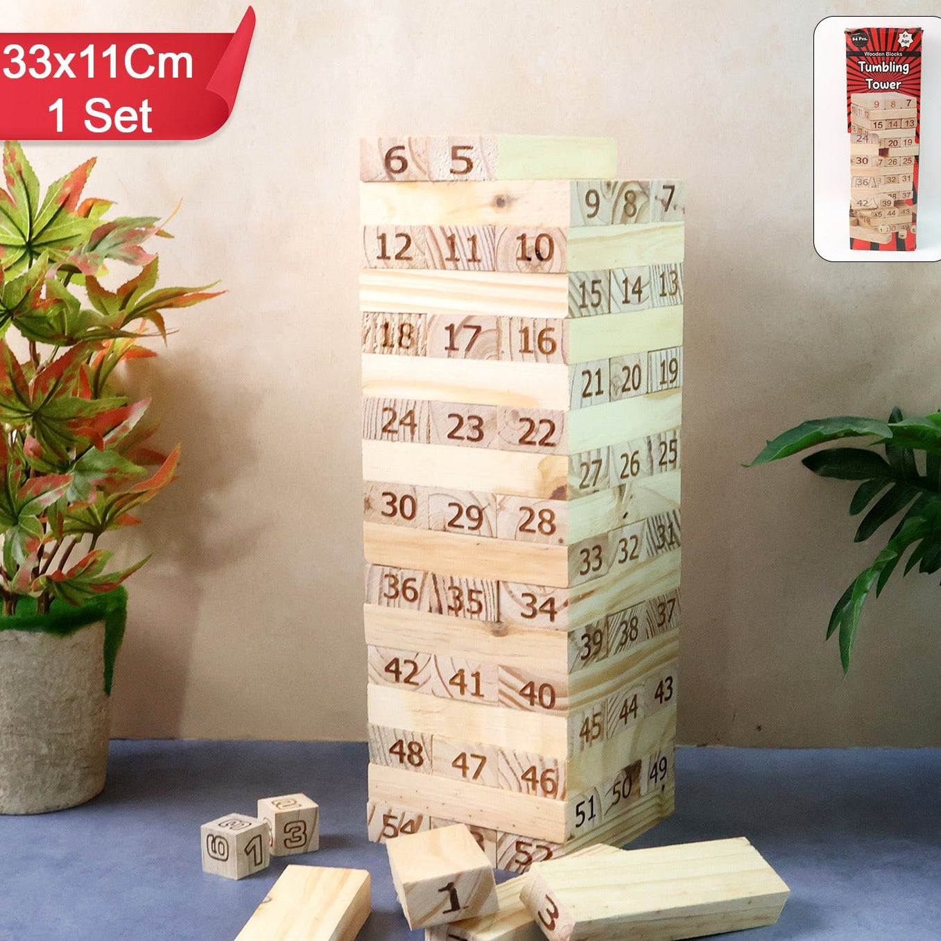 Numbered Wooden Stacking Tower Game Set with Dice for Family Fun - Happy Price - Image 1