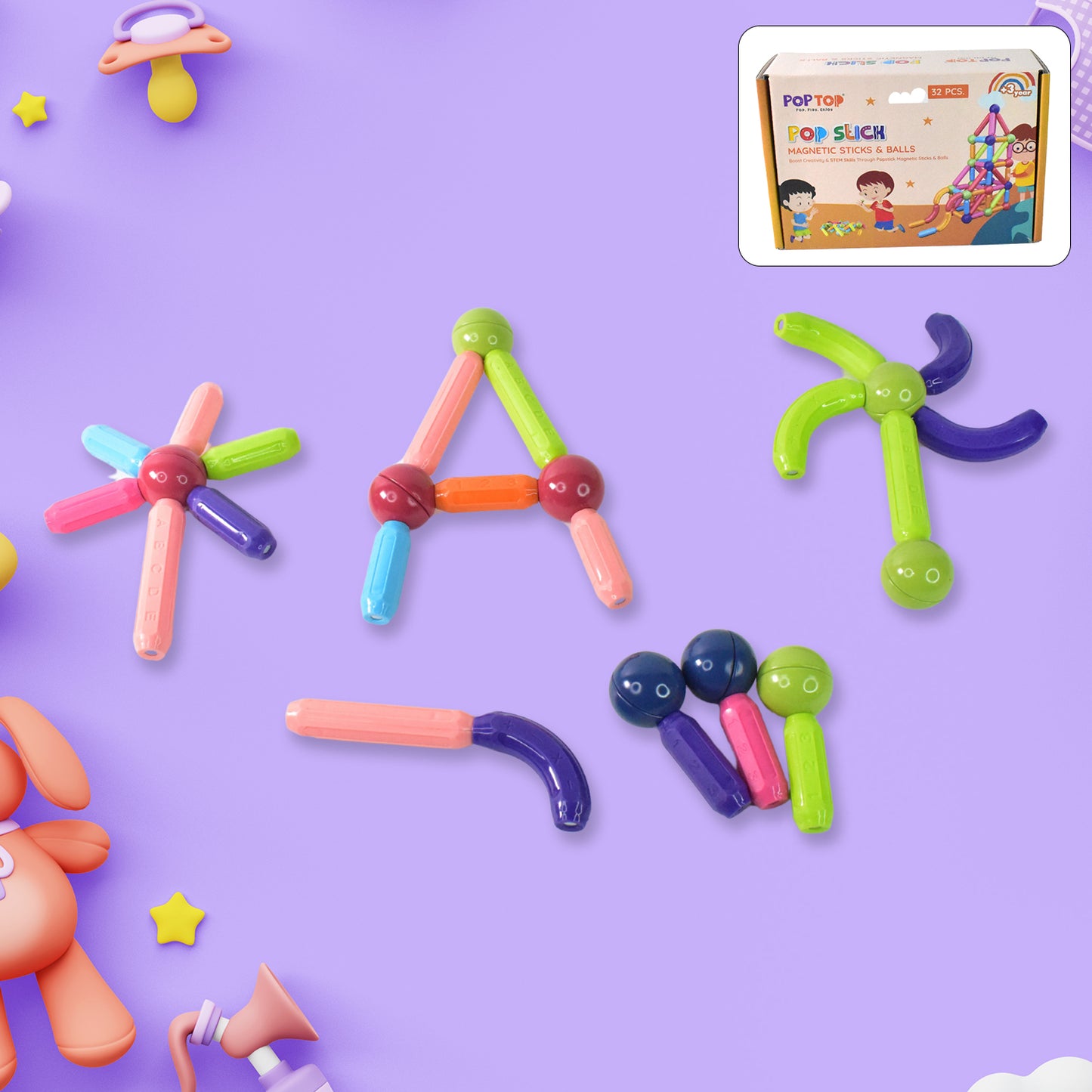 Magnetic Sticks Building Blocks Learning Toy For Kids (32 Pc) - Happy Price - Image 2