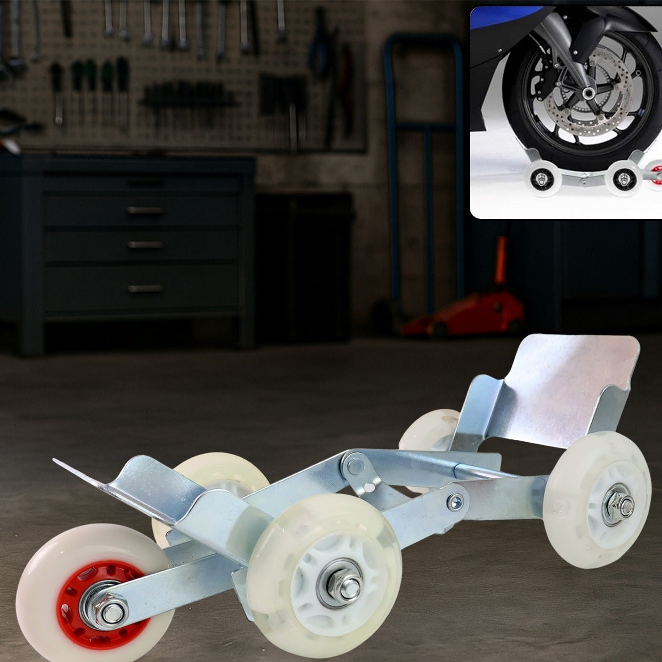 Motorcycle Front Wheel Roller Stand - Heavy Duty Metal with 4 Nylon Wheels (1 Pc) - Happy Price - Image 1