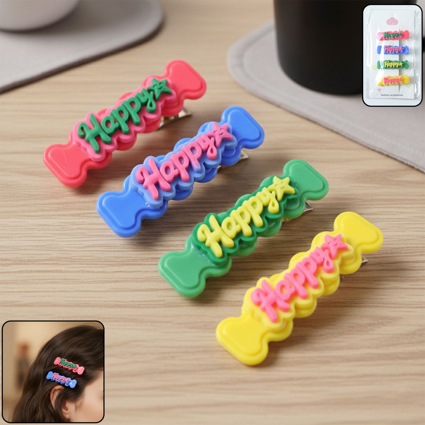 Cute Happy Bone Shape Snap Hair Clips Set - 4 Pieces for Girls - Happy Price - Image 2