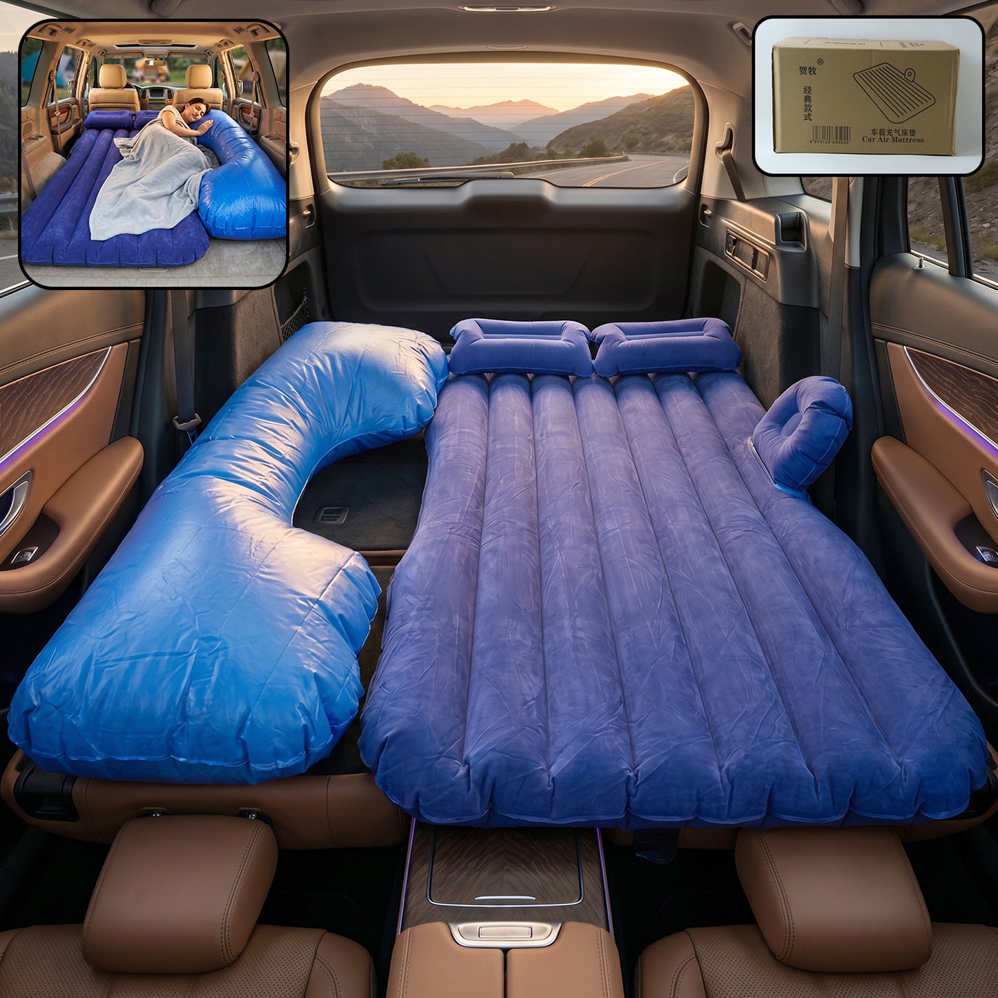 Blue Portable Car Air Mattress with Pump and Pillows for SUV Travel - Happy Price - Image 2