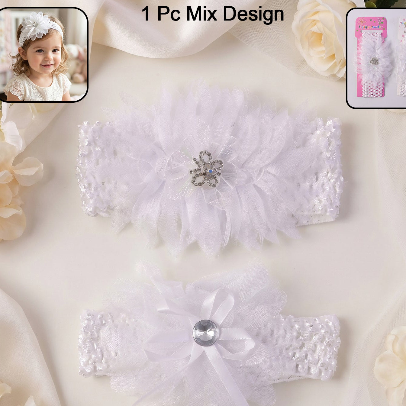 Soft Elastic Baby Hair Headband With Floral Lace Design (1 Pc Mix Design)