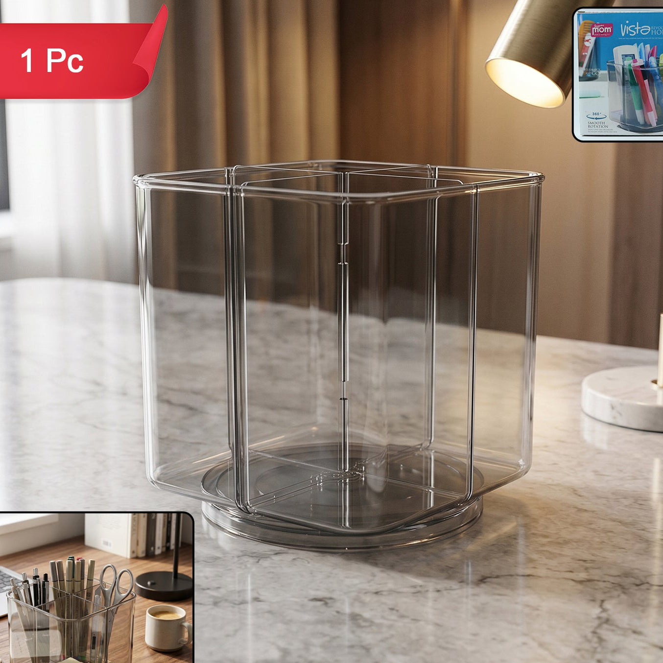 360 Rotating Desk Organizer Holder - Transparent Acrylic Pen Stand for Office & Study - Happy Price - Image 1